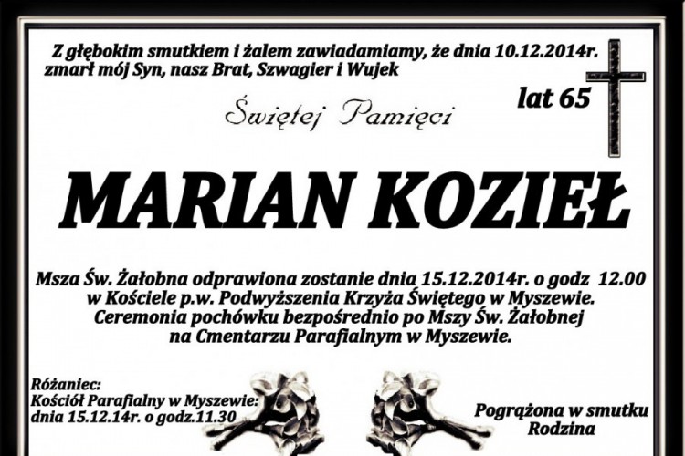 ZMARŁ MARIAN KOZIEŁ. ŻYŁ 65 LAT