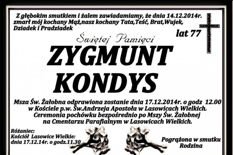 ZMARŁ ZYGMUNT KONDYS. ŻYŁ 77 LAT.