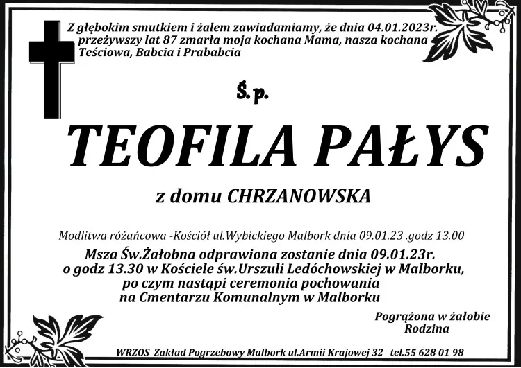 Zmarła Teofila Pałys. Żyła 87 lat.