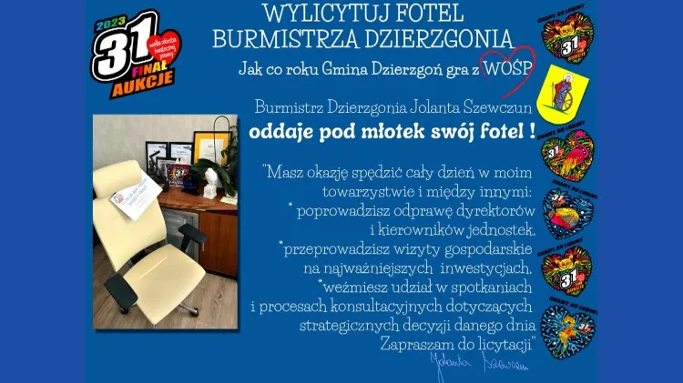 Gmina Dzierzgoń. WOŚP - Burmistrz oddaje pod młotek swój fotel.