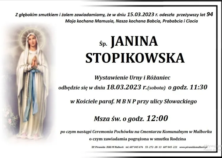 Zmarła Janina Stopikowska. Miała 94 lata.