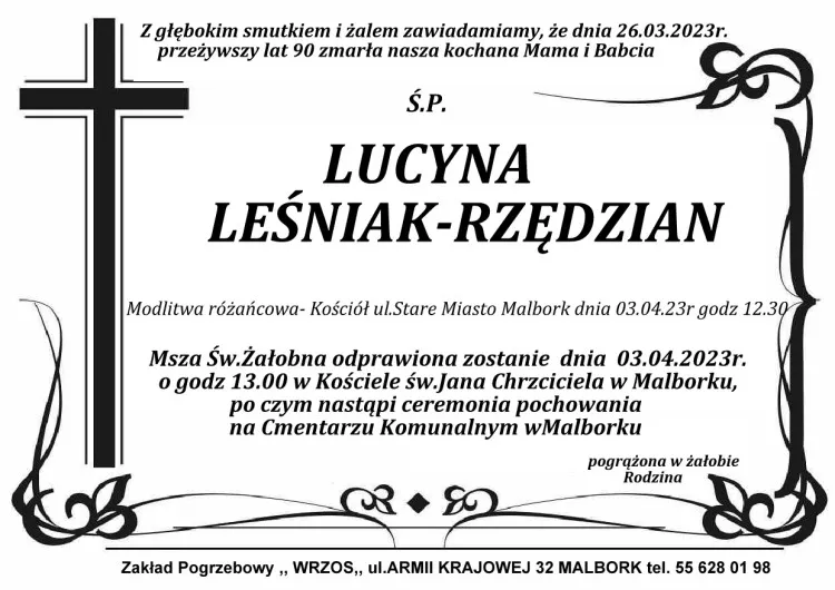Zmarła Lucyna Leśniak - Rzędzian. Miała 90 lat.