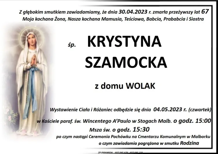 Zmarła Krystyna Szamocka. Żyła 67 lat.