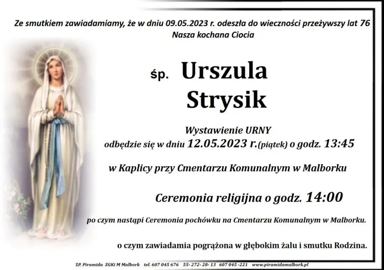 Zmarła Urszula Strysik. Miała 76 lat.