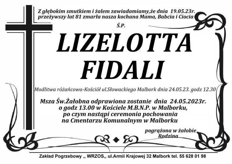 Zmarła Lizelotta Fidali. Żyła 81 lat.