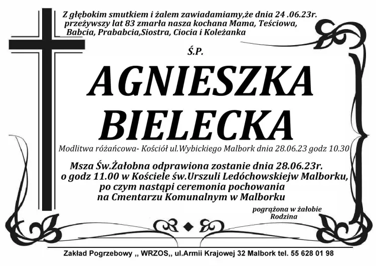 Zmarła Agnieszka Bielecka. Miała 83 lata.