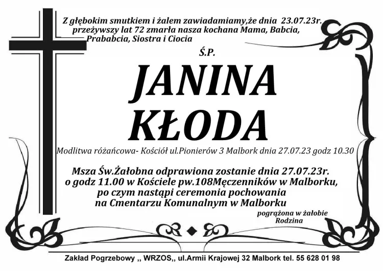 Zmarła Janina Kłoda. Żyła 72 lata.