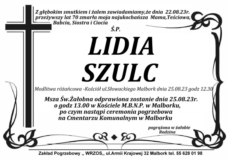 Zmarła Lidia Szulc. Żyła 70 lat.