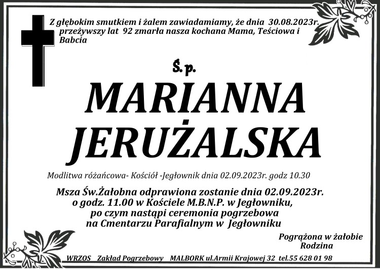 Zmarła Marianna Jerużalska. Miała 92 lata.