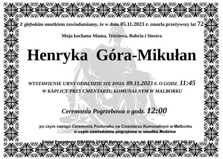 Zmarła Henryka Góra - Mikułan. Żyła 72 lata.