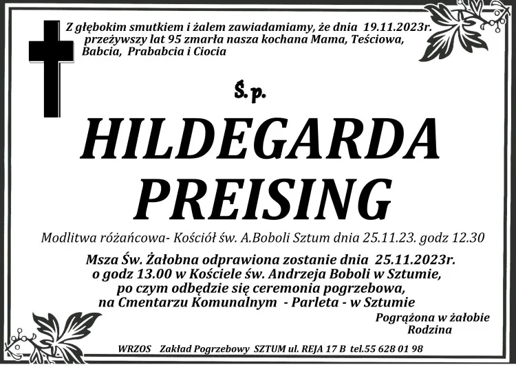 Odeszła Hildegarda Preising. Żyła 95 lat.