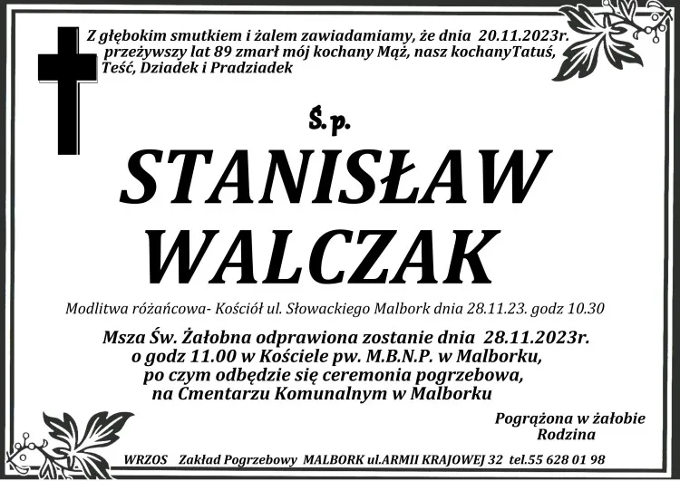 Zmarł Stanisław Walczak. Żył 89 lat.