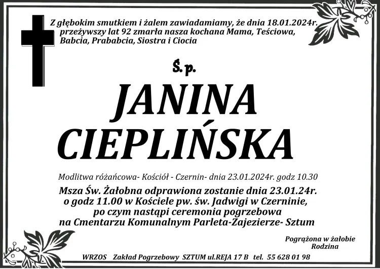 Zmarła Janina Cieplińska. Miała 92 lata.