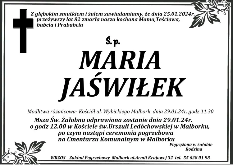 Zmarła Maria Jaświłek. Miała 82 lata.