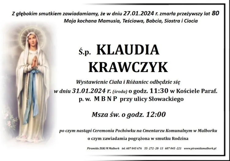 Zmarła Klaudia Krawczyk. Żyła 80 lat.