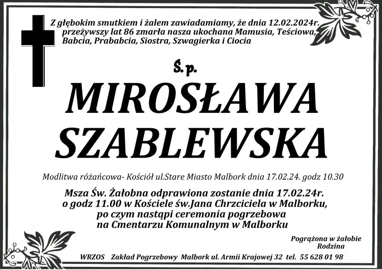 Zmarła Mirosława Szablewska. Miała 86 lat.