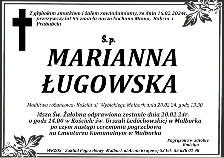 Odeszła Marianna Ługowska. Żyła 93 lata.