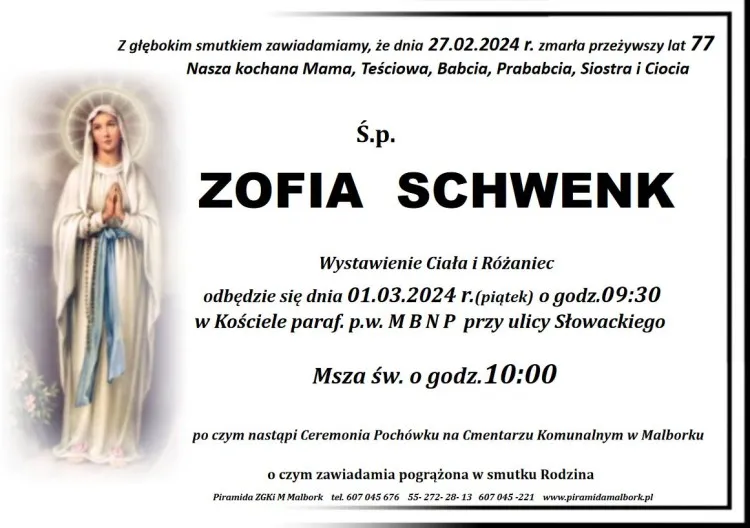 Zmarła Zofia Schwenk. Miała 77 lat.