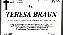 Zmarła Teresa Braun. Miała 90 lat.