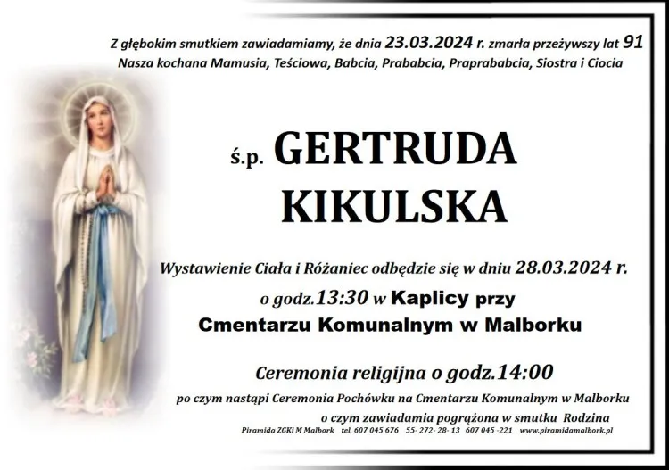 Zmarła Gertruda Kikulska. Miała 91 lat.