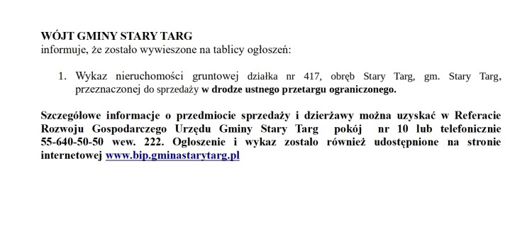 Ogłoszenie Wójta Gminy Stary Targ z dnia 28 maja 2024 r. o wykazie nieruchomości…