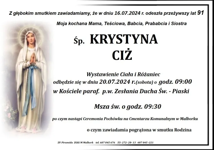 Zmarła Krystyna Ciż. Miała 91 lat.