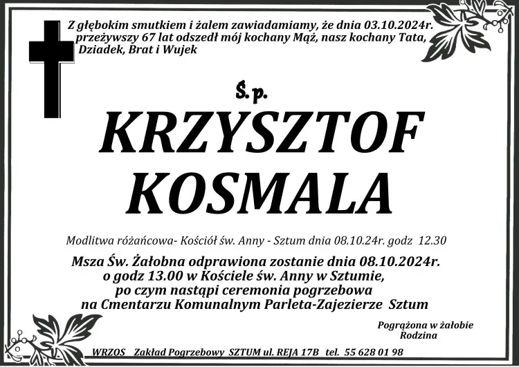 Zmarł Krzysztof Kosmala. Miał 67 lat.