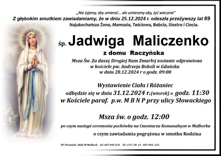 Zmarła Jadwiga Maliczenko. Żyła 69 lat.