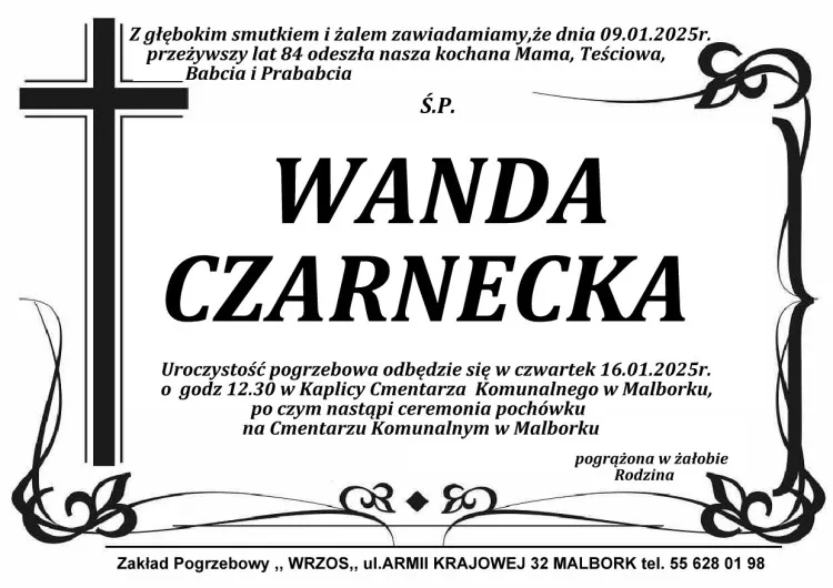 Zmarła Wanda Czarnecka. Miała 84 lata.