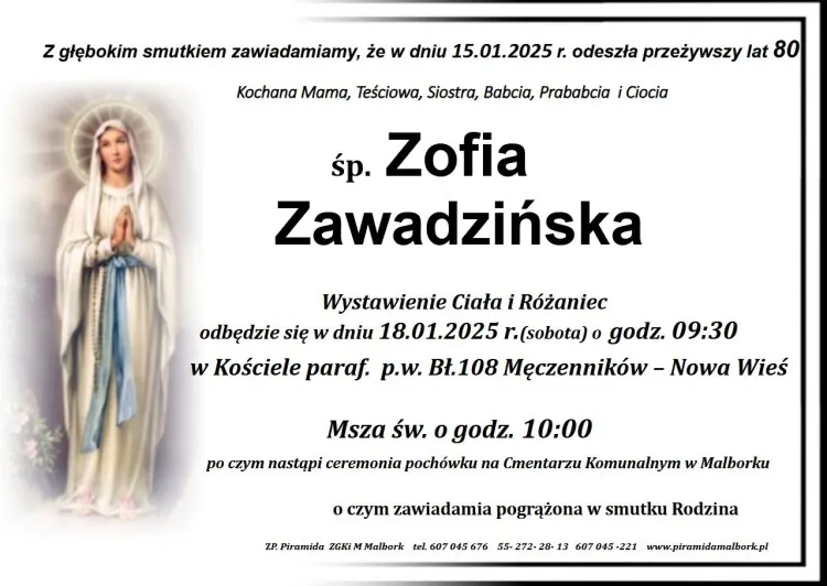 Zmarła Zofia Zawadzińska. Żyła 80 lat.