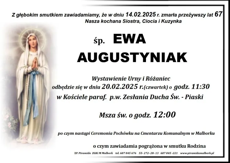 Zmarła Ewa Augustyniak. Miała 67 lat.