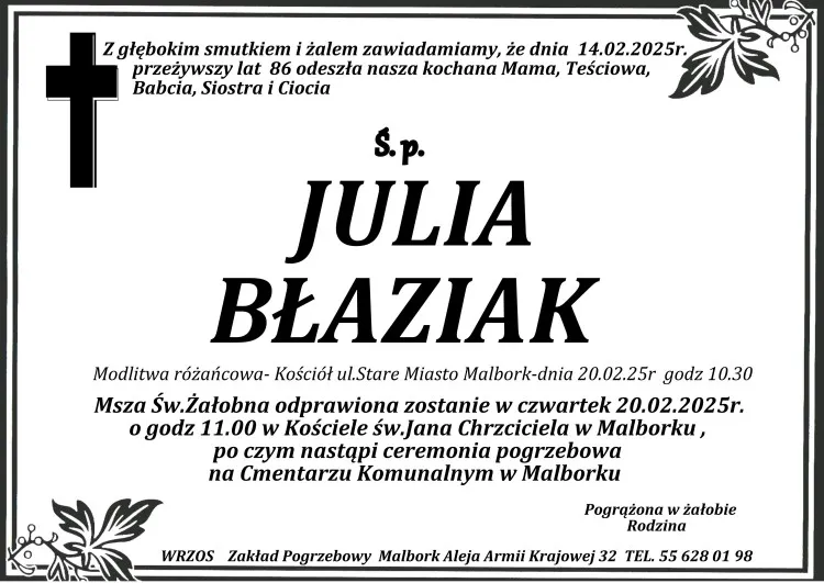 Zmarła Julia Błaziak. Miała 86 lat.