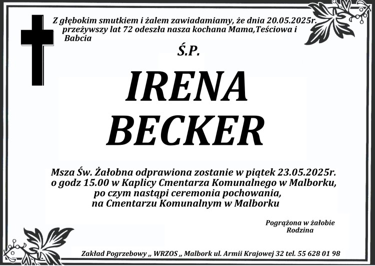 Zmarła Irena Becker. Miała 72 lata.