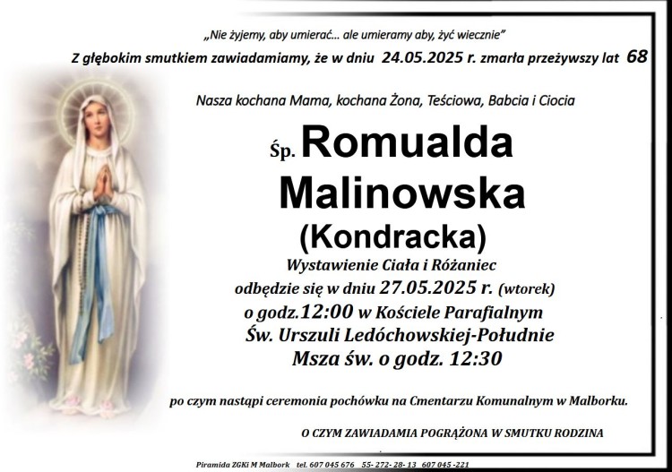 Zmarła Romualda Malinowska. Miała 68 lat.
