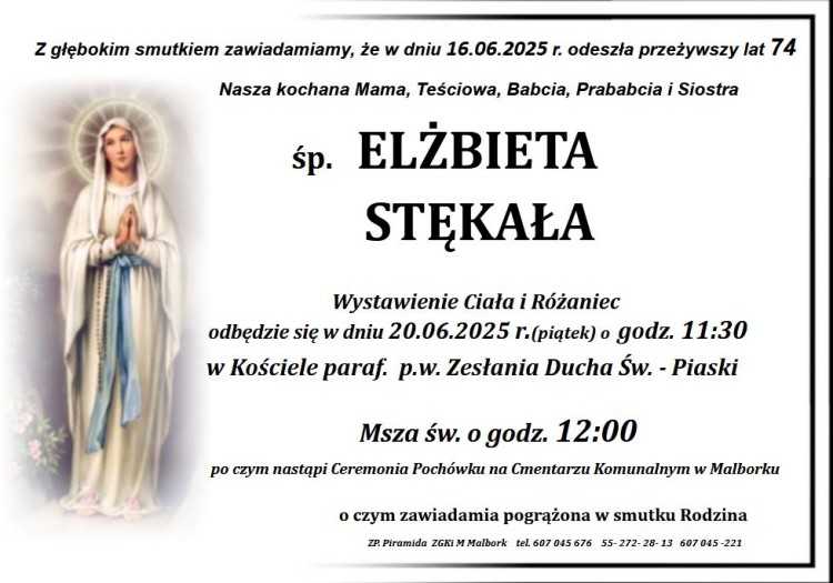 Zmarła Elżbieta Stękała. Miała 74 lata.
