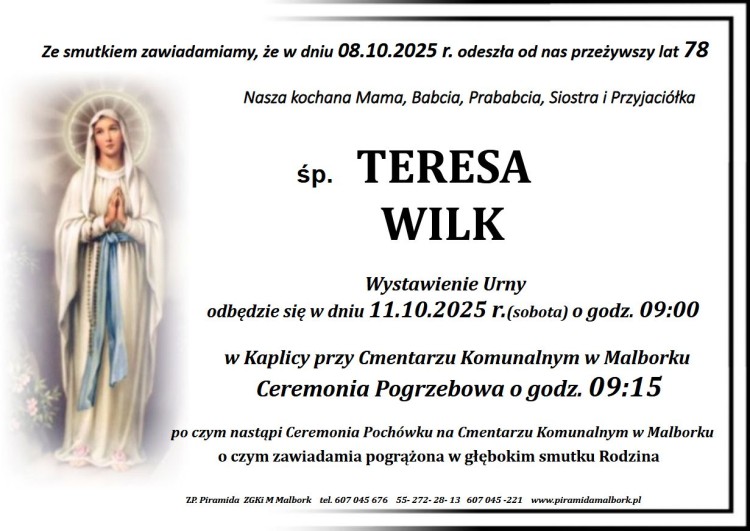 Zmarła Teresa Wilk. Miała 78 lat.