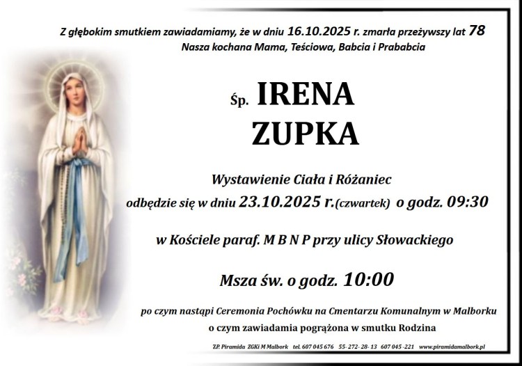 Zmarła Irena Zupka. Miała 78 lat.