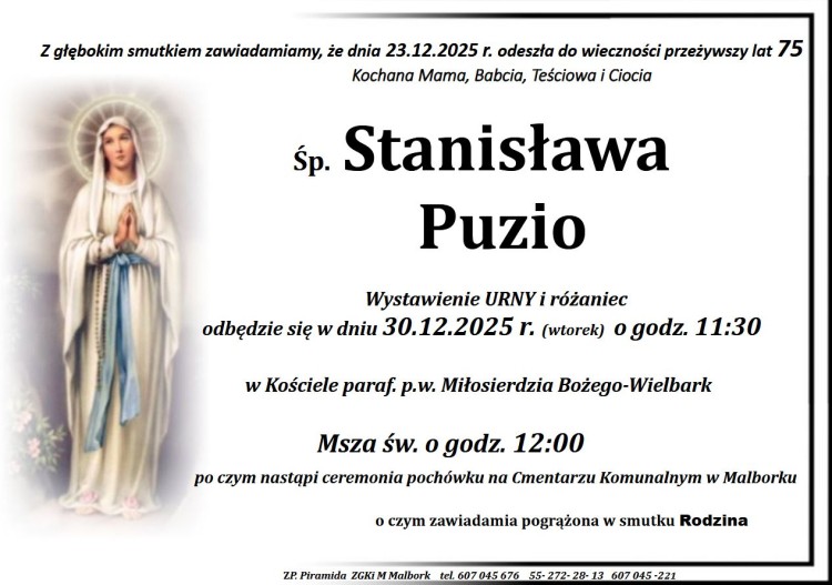 Zmarła Stanisława Puzio. Żyła 75 lat. 