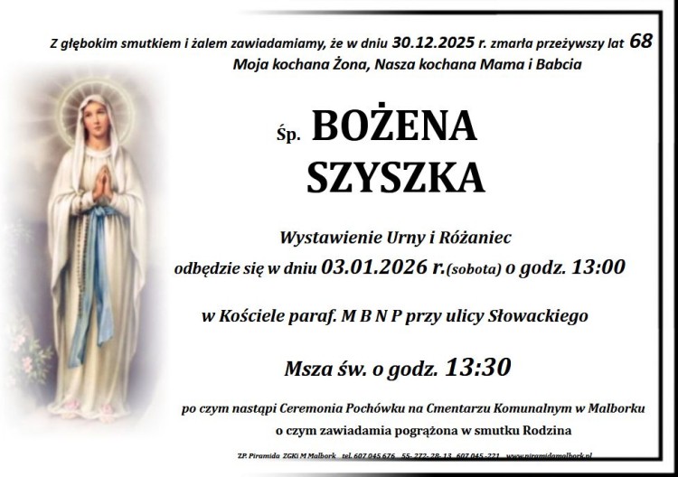 Zmarła Bożena Szyszka. Miała 68 lat.