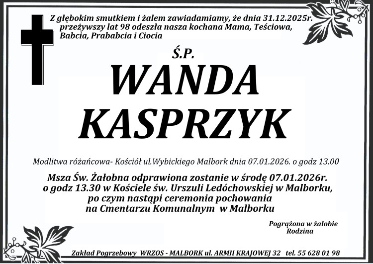 Zmarła Wanda Kasprzyk. Miała 98 lat.
