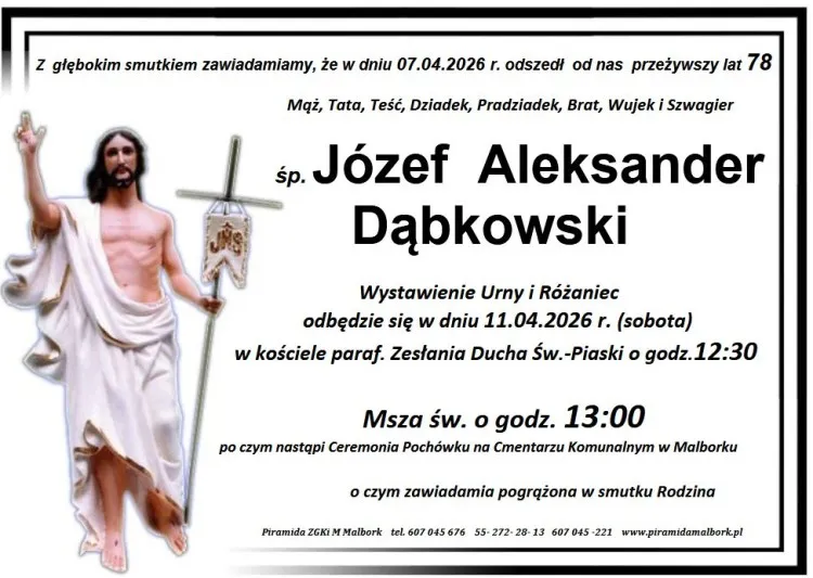 Zmarł Józef Aleksander Dąbkowski. Miał 78 lat.