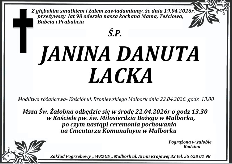 Zmarła Janina Danuta Lacka. Żyła 98 lat.