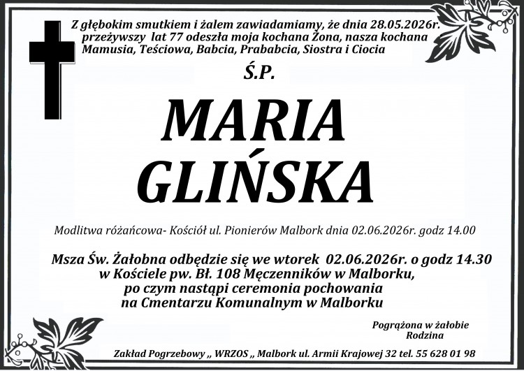 Zmarła Maria Glińska. Miała 77 lat.