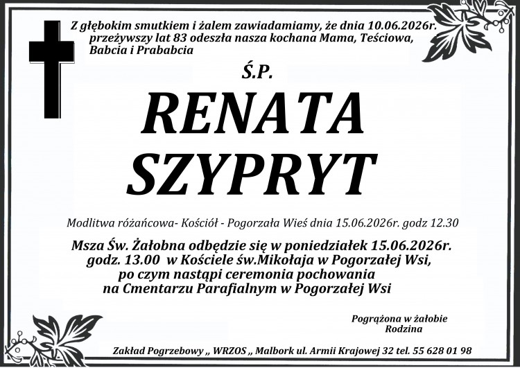 Zmarła Renata Szypryt. Miała 83 lata. 