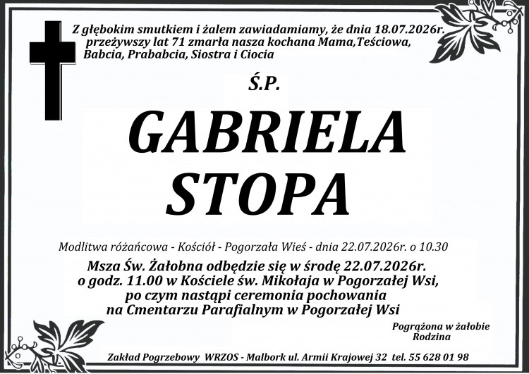Zmarła Gabriela Stopa. Miała 71 lat.