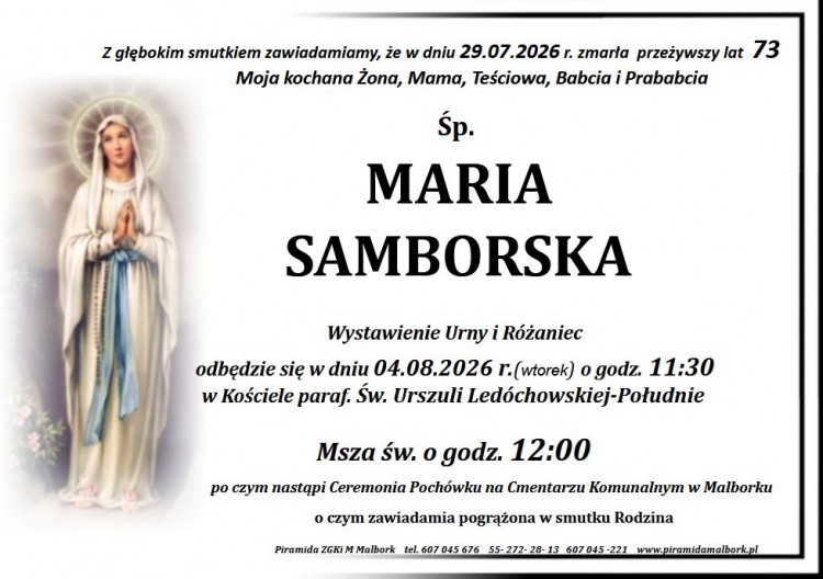 Zmarła Maria Samborska. Miała 73 lata.