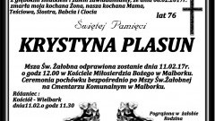 Zmarła Krystyna Plasun. Żyła 76 lat.