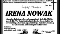 Zmarła Irena Nowak. Żyła 89 lat.