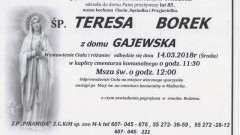 Zmarła Teresa Borek. Żyła 83 lata.