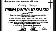 Zmarła Irena Janina Klepacka. Żyła 80 lat.